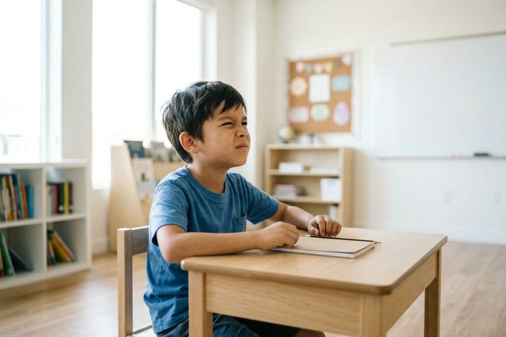 A child sits at a classroom desk with a notebook in front of them, looking off to the side and squinting.