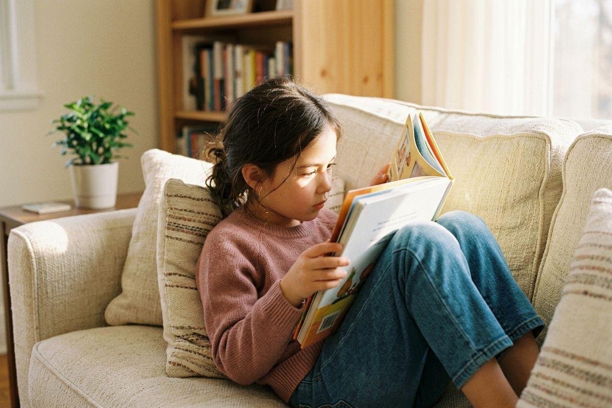 A focused child sits on a beige couch with knees drawn up, reading a picture book in a sunlit living room.