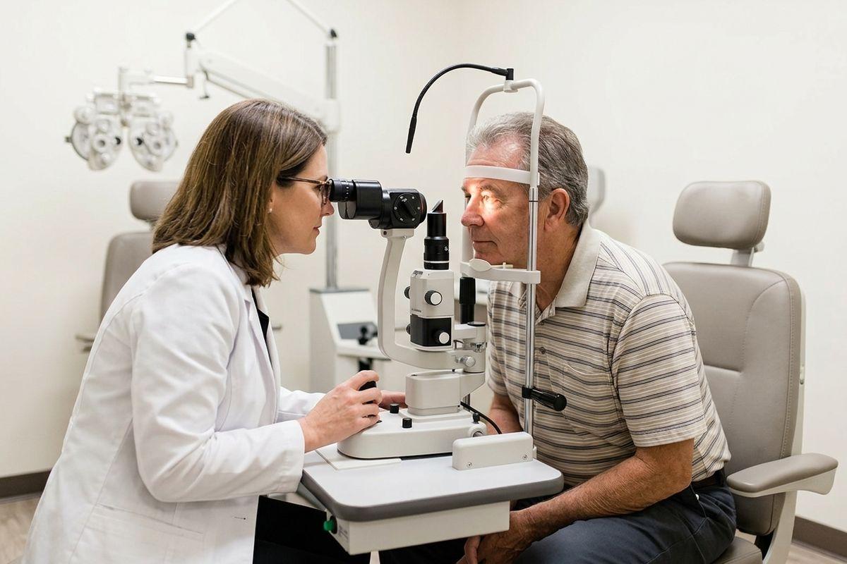 Focused optometrist examines an adult patient's eye using a slit lamp in a clinic. The patient rests their chin on the machine.