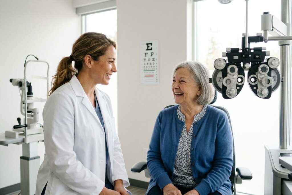 Smiling optometrist and adult patient looking at each other in an eye exam room next to a phoropter.