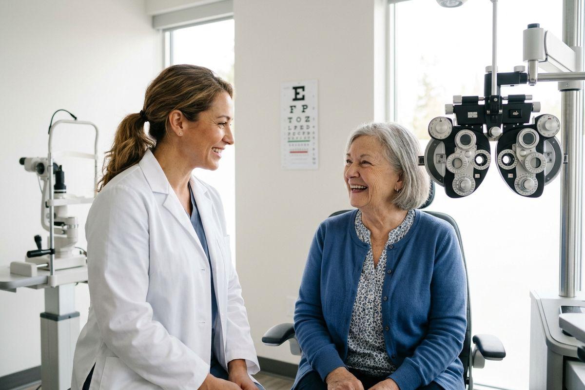 Smiling optometrist and adult patient looking at each other in an eye exam room next to a phoropter.