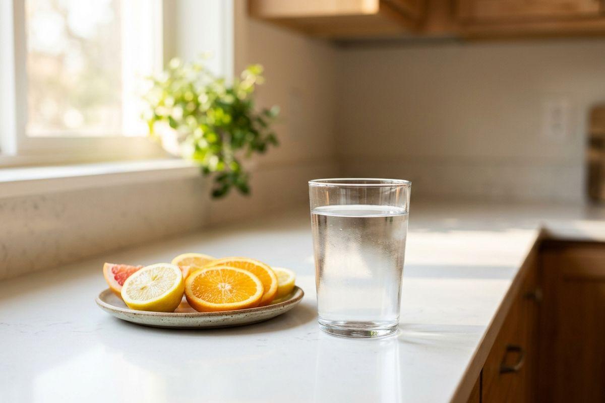 A glass of water and a small plate of sliced citrus fruits on a white kitchen counter next to a sunny window.