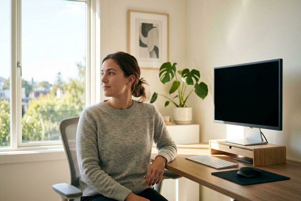 An adult sitting at a desk with a computer monitor, looking thoughtfully away from the screen and out a window.