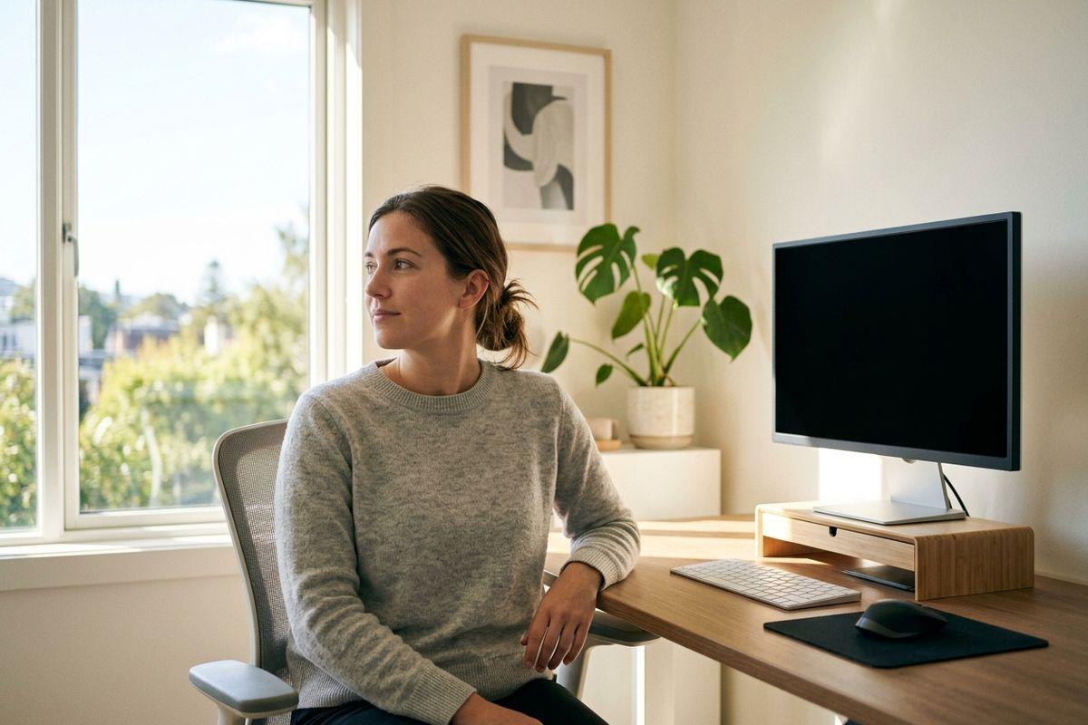 An adult sitting at a desk with a computer monitor, looking thoughtfully away from the screen and out a window.