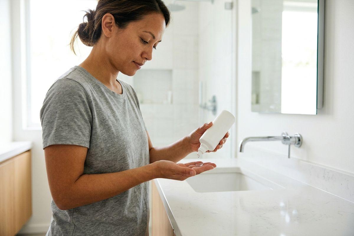 A focused adult in a bathroom squeezes liquid from a white bottle onto a contact lens resting in their hand over a white sink.