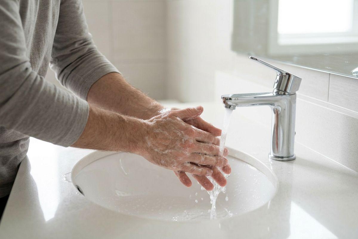 Person rubbing soapy hands together over a white bathroom sink with water running from a chrome faucet.